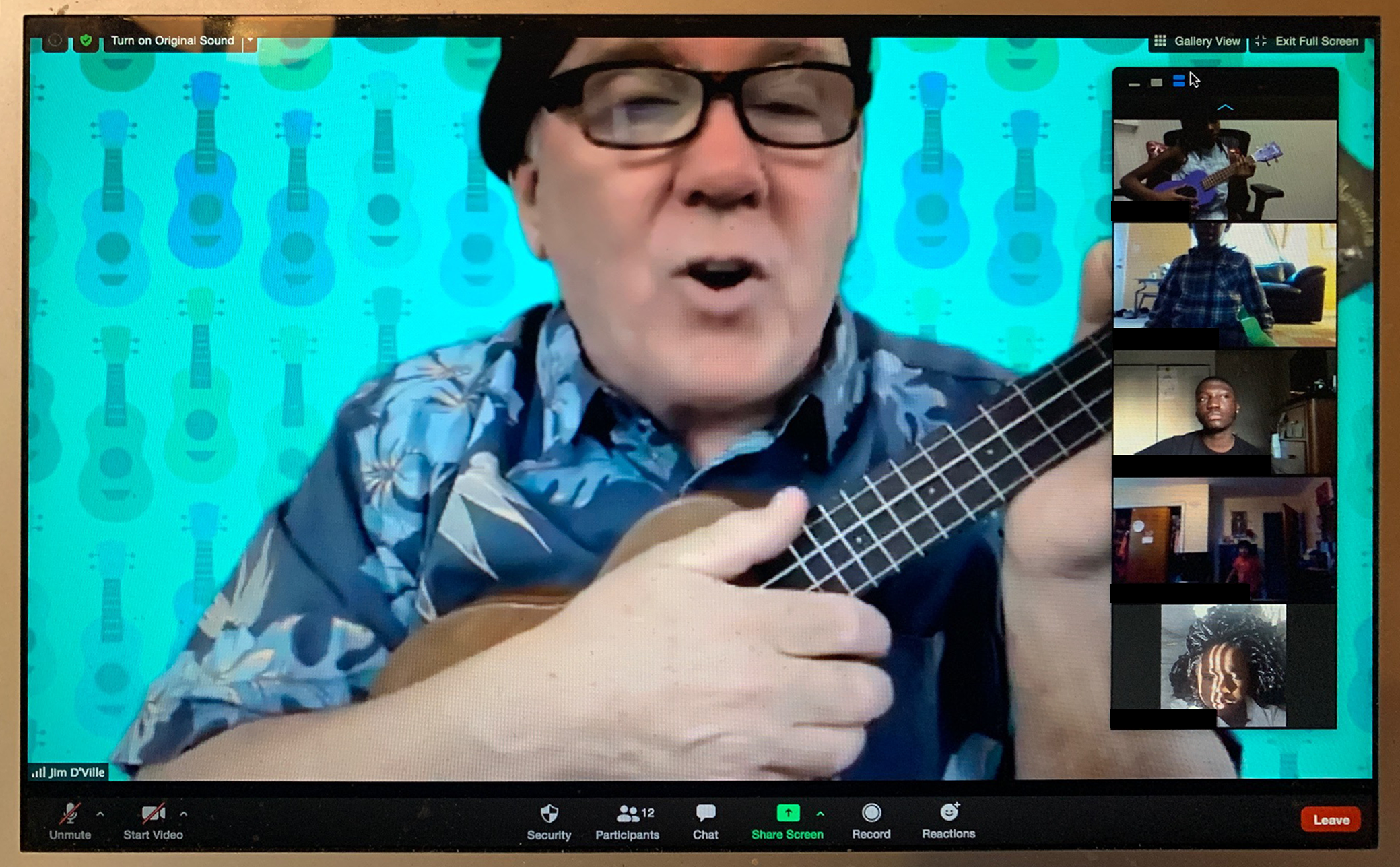 Jim teaches a ukulele lesson online for the Tapestry Music Program